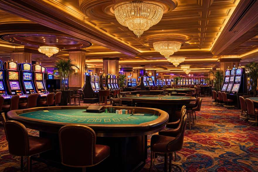Sala de casino sin ventanas ni relojes, con tragaperras, mesas de juego y lámparas