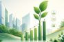 Gráfico verde ascendente con una planta creciendo frente a edificios, con iconos de sostenibilidad ESG