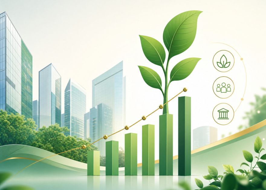 Gráfico verde ascendente con una planta creciendo frente a edificios, con iconos de sostenibilidad ESG