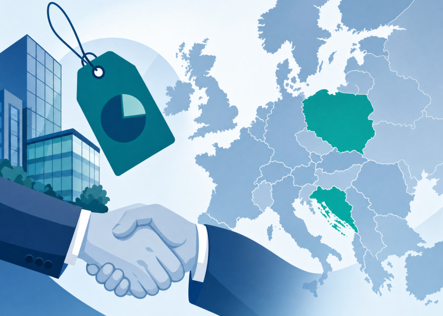 Apretón de manos ante un mapa de Europa con Polonia y Croacia destacadas y una etiqueta de venta
