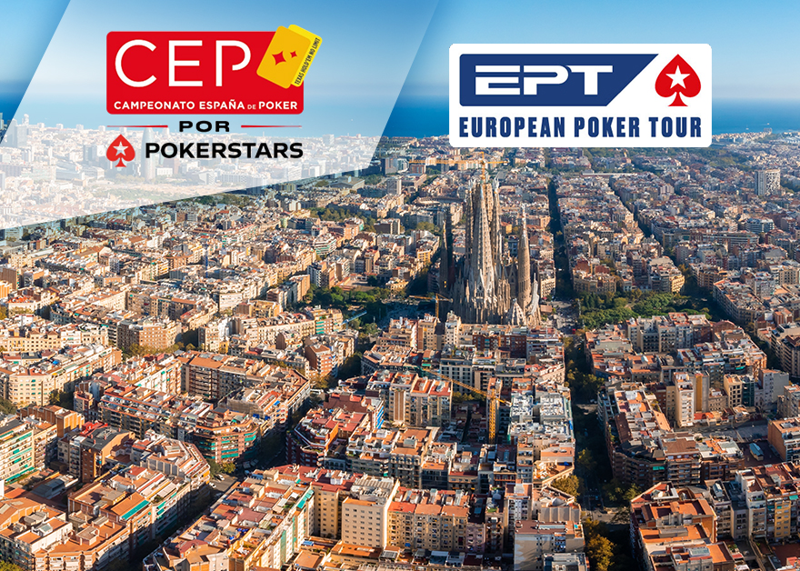 Vista aérea de Barcelona con la Sagrada Familia y los logos del CEP y del European Poker Tour