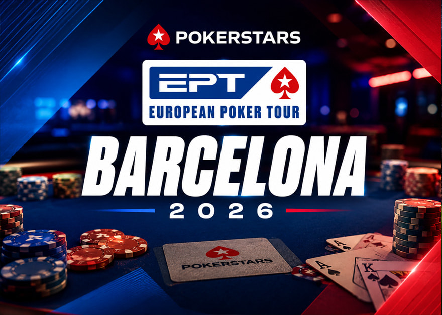 Cartel del EPT Barcelona 2026 de PokerStars con fichas y cartas sobre el tapete