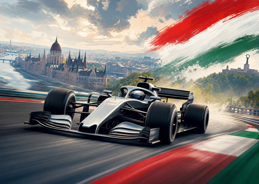 Monoplaza de Fórmula 1 en el Hungaroring con el Parlamento de Budapest y la bandera húngara al fondo