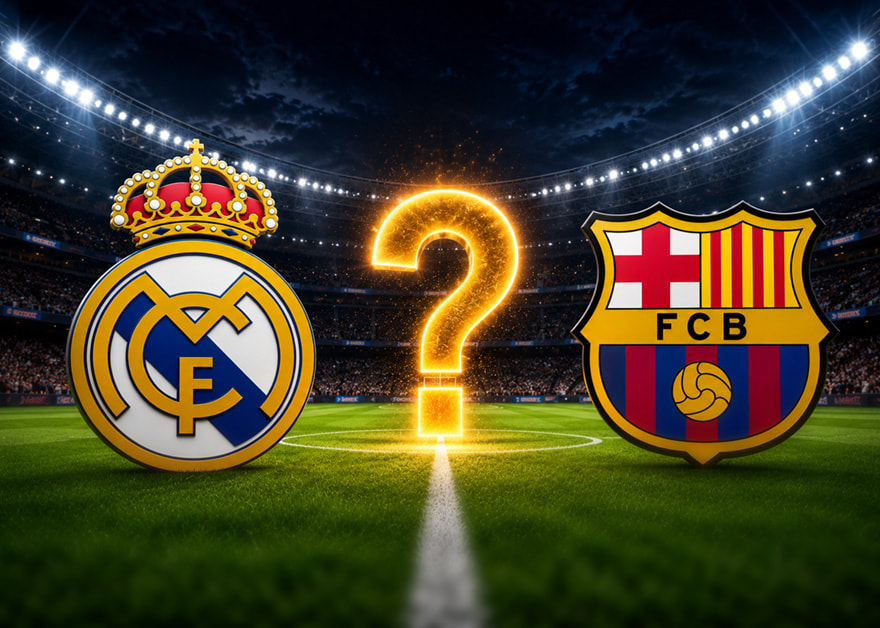 Escudos del Real Madrid y el FC Barcelona con una interrogación en un estadio de fútbol