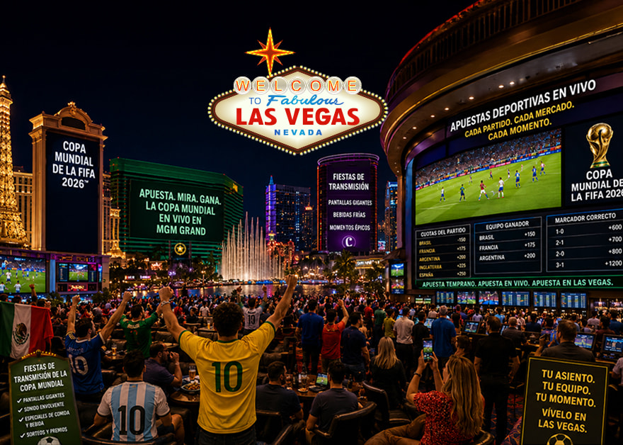 El Strip de Las Vegas iluminado con publicidad de la Copa Mundial FIFA 2026 y aficionados en watch party