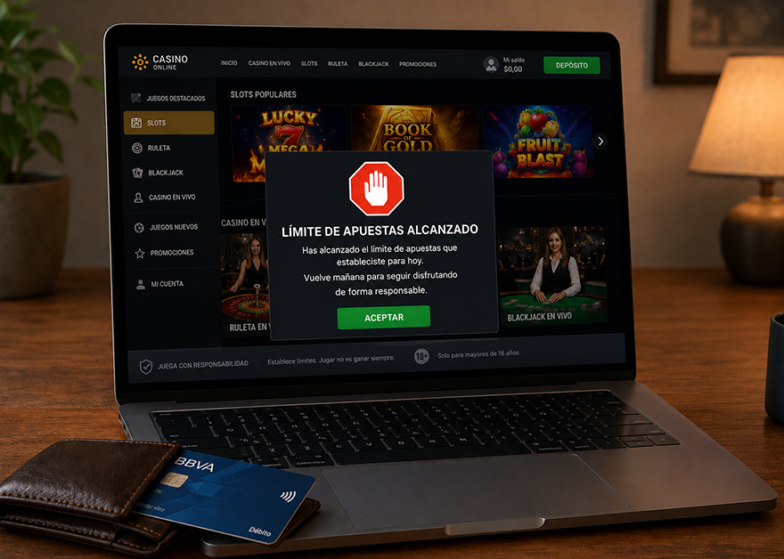 Aviso de límite de apuestas alcanzado en la pantalla de un casino online