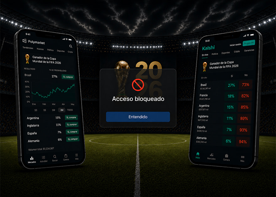 Dos móviles muestran los mercados del Mundial 2026 en Polymarket y Kalshi con un aviso de acceso bloqueado
