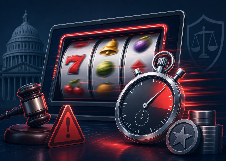 Cronómetro junto a una tragaperras con rodillos girando, mazo judicial y señal de advertencia