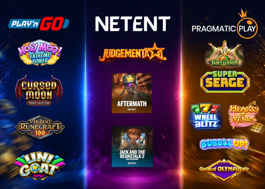 Logotipos de las nuevas slots de agosto de 2026 de Pragmatic Play, NetEnt y Play'n GO