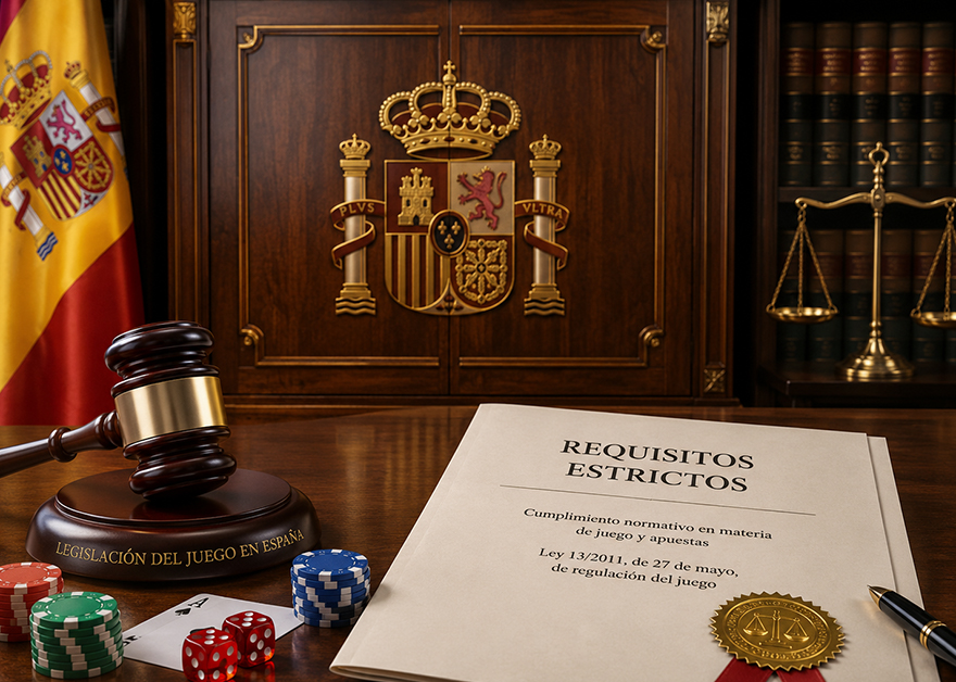 Mazo con la inscripción legislación del juego en España junto a fichas de casino y un documento sobre la Ley 13/2011