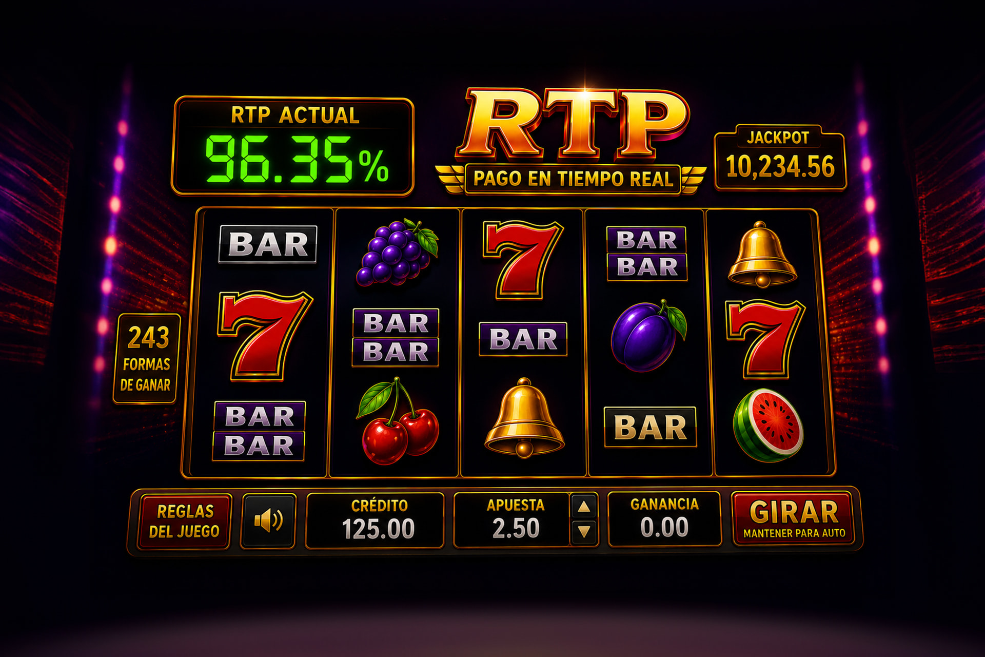 Pantalla de tragaperras clásica con indicador de RTP al 96,35% y jackpot acumulado
