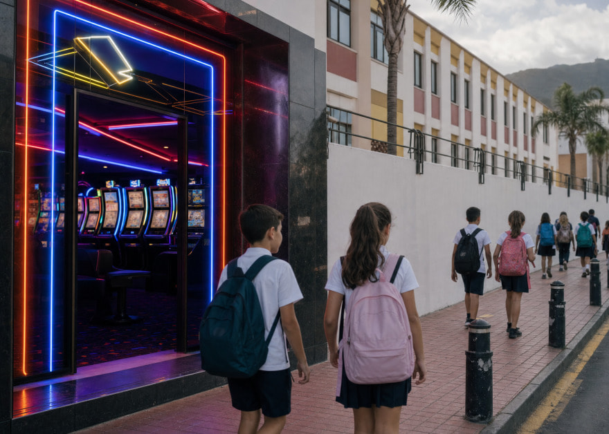 Escolares con mochilas pasan frente a un salón de juego con neones junto a su colegio