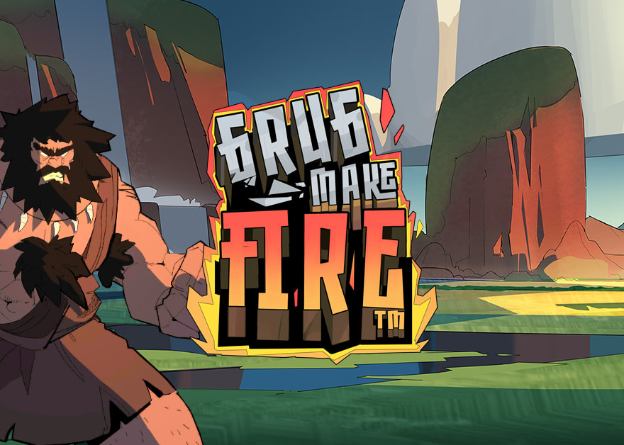 Logo de la tragaperras Grug Make Fire de Hacksaw Gaming con su protagonista cavernícola
