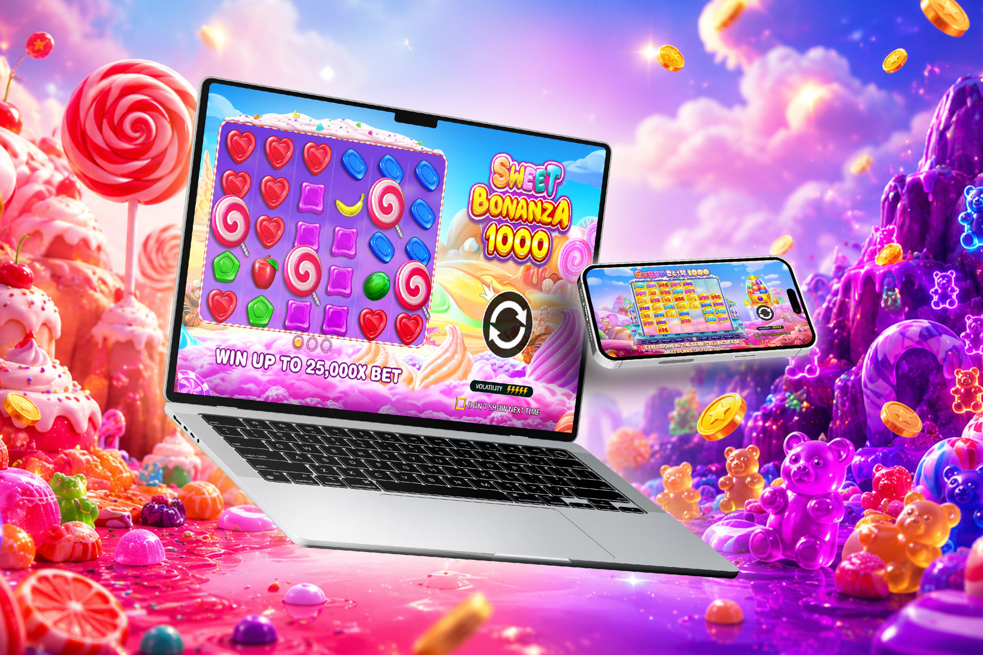 Sweet Bonanza 1000 y Sugar Rush 1000 en un portátil y un móvil sobre un fondo de caramelos