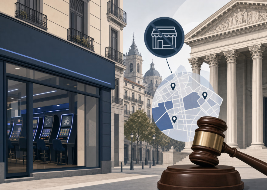 Mazo judicial ante un salón de juego, un mapa urbano con ubicaciones y una fachada de tribunal
