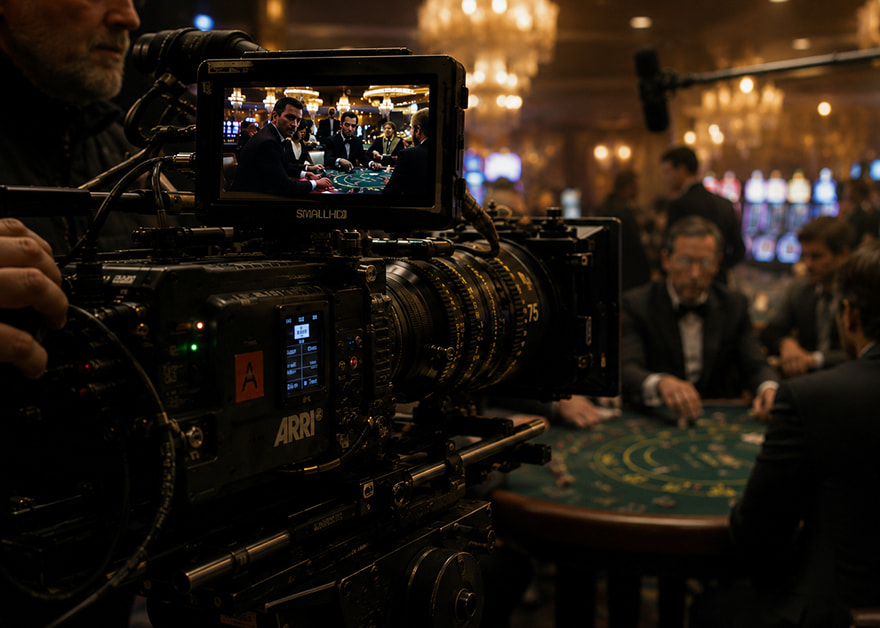 Cámara de cine ARRI filmando una escena en un casino de lujo con jugadores en mesa de blackjack