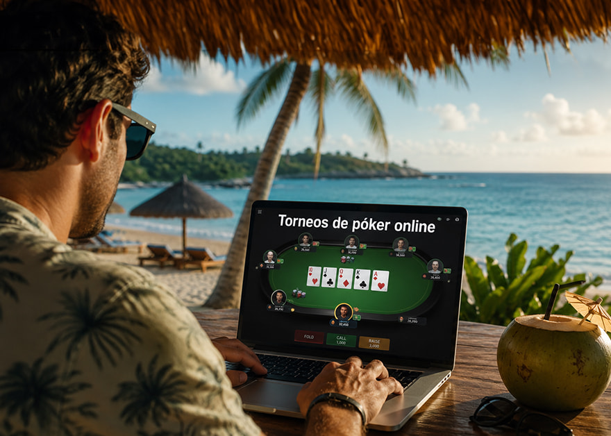 Jugador de póker online con portátil en terraza tropical frente al mar en verano
