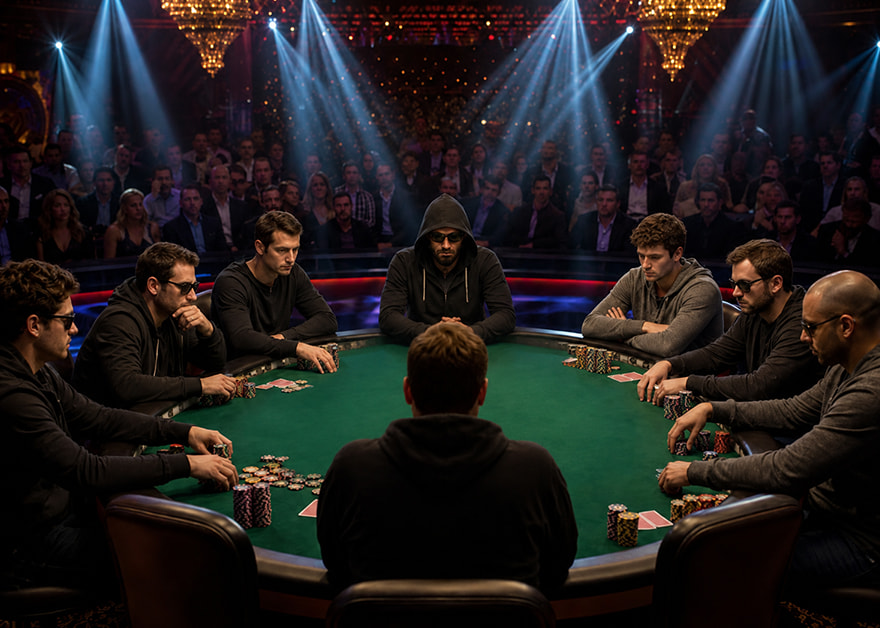 Mesa final de póker bajo los focos con nueve jugadores y público expectante