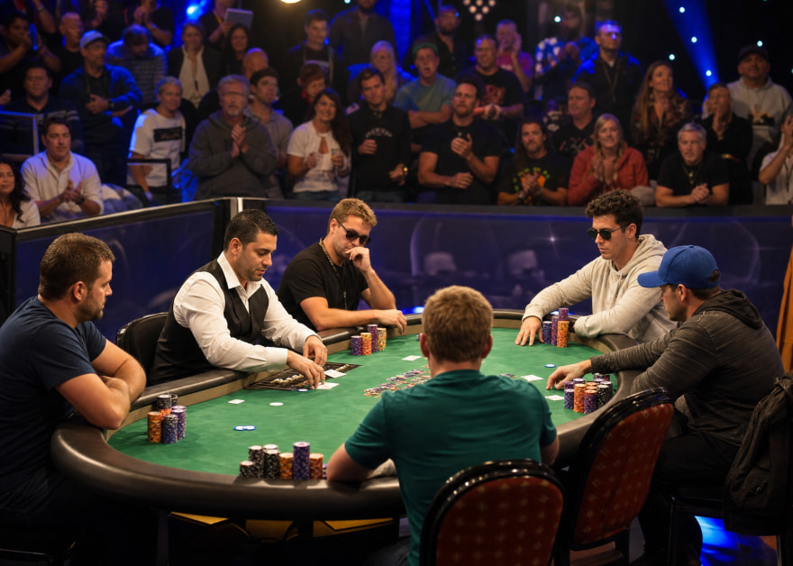 Jugadores disputan la mesa final del WSOP Main Event ante el público en Las Vegas