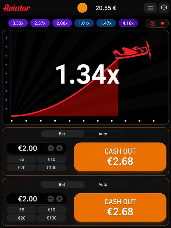 Botón de cash out en Aviator con el multiplicador en 1,34x.