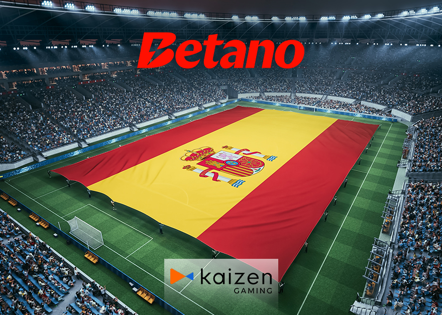 Logos de Betano y Kaizen Gaming sobre una bandera de España desplegada en un estadio de fútbol.