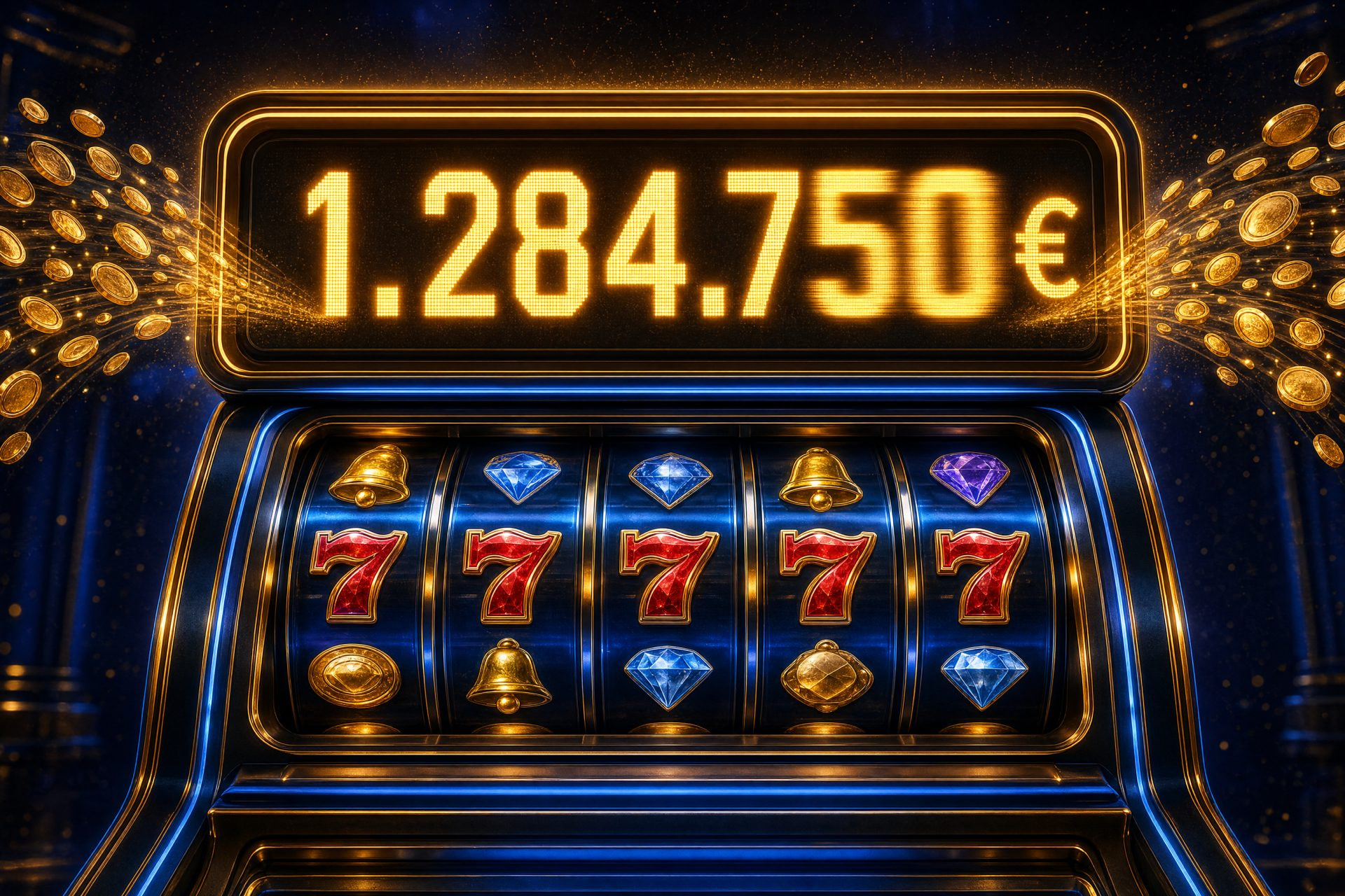 Tragaperras con cinco sietes en los rodillos y un contador de bote progresivo de 1.284.750 €