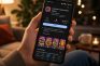 Mano sosteniendo un móvil con la ficha de Cashman Casino Slots Online en Google Play