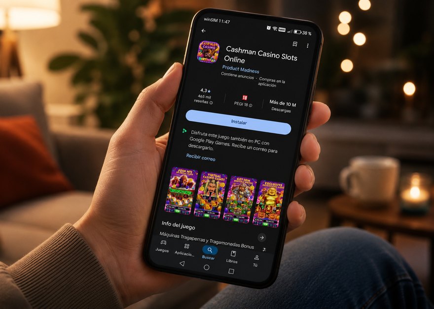 Mano sosteniendo un móvil con la ficha de Cashman Casino Slots Online en Google Play