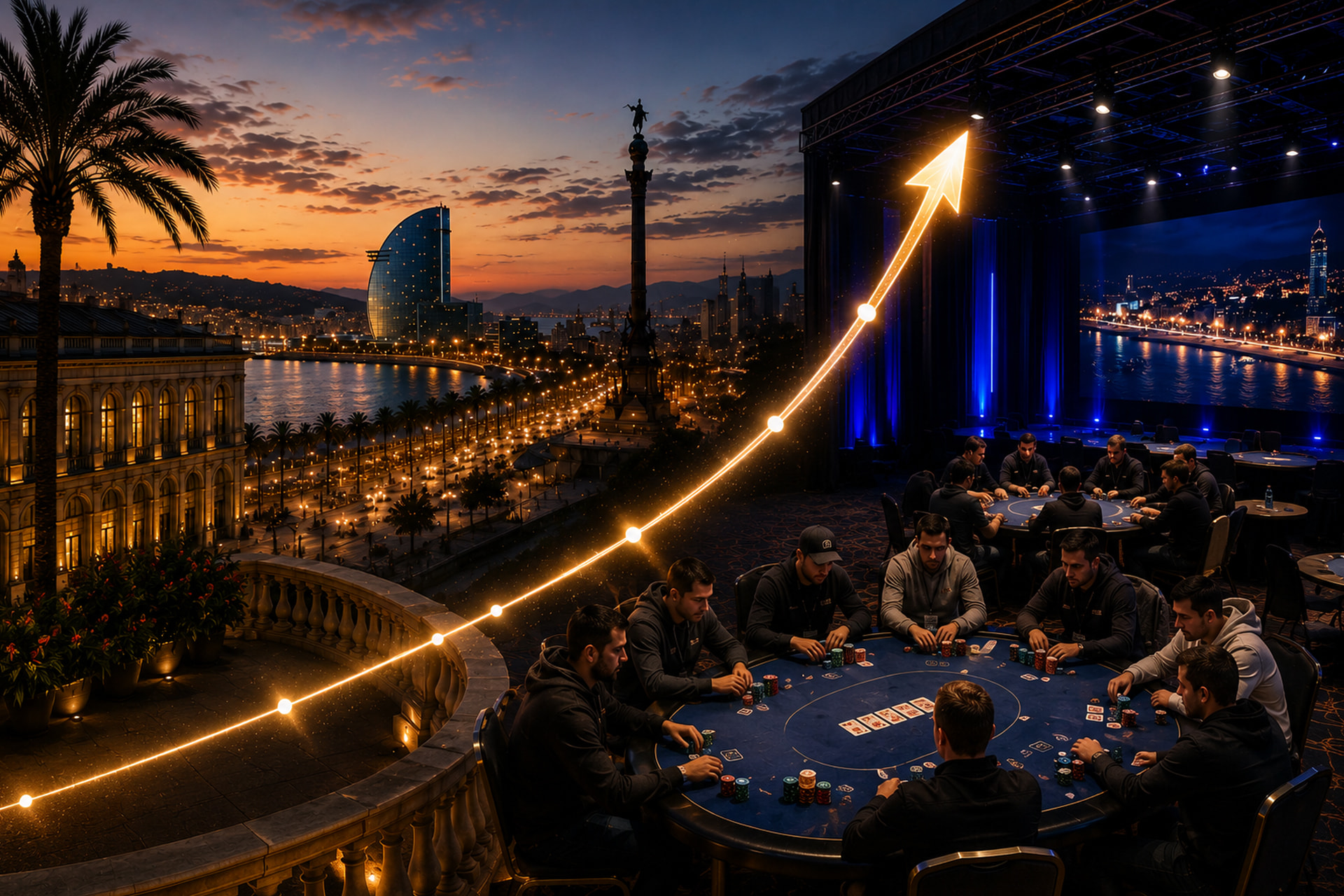 Mesas de póker en una sala de torneos junto al frente marítimo de Barcelona al atardecer