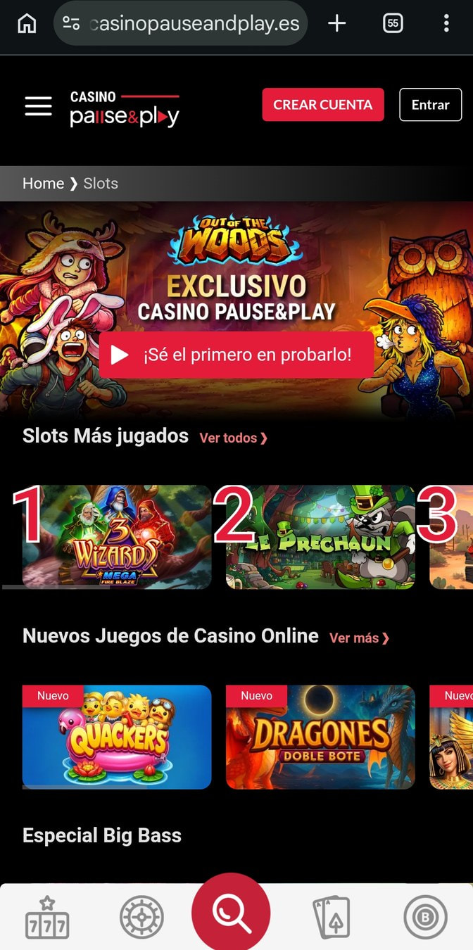 Sección de tragaperras en la web móvil de Casino Pause&Play.