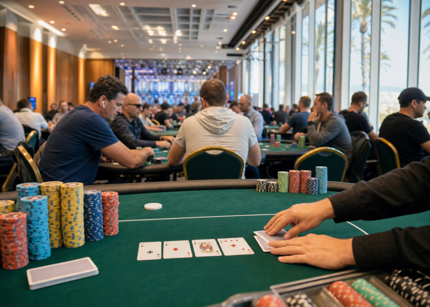 Jugadores en las mesas de una sala de torneo de póker con fichas y cartas sobre el tapete