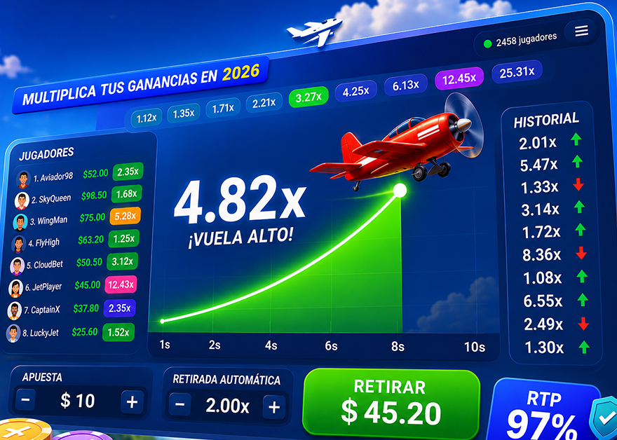 Interfaz de un crash game con avioneta roja, multiplicador 4,82x y botón de retirada.