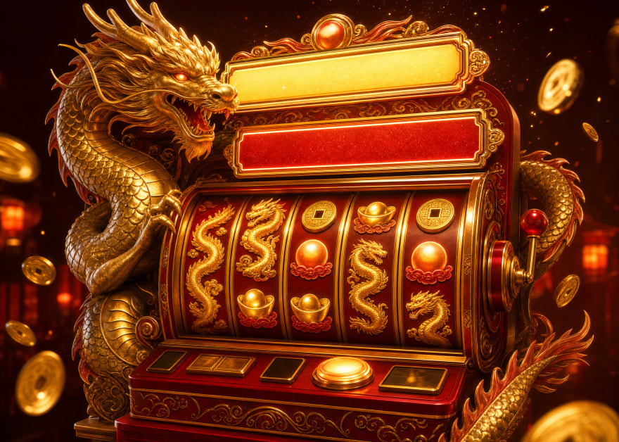 Tragaperras dorada con dragones, monedas y lingotes en los rodillos sobre un fondo rojo