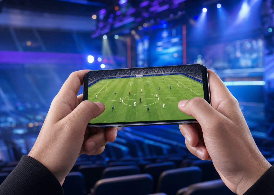 Manos sujetando un móvil con un partido de fútbol virtual en un pabellón de esports iluminado