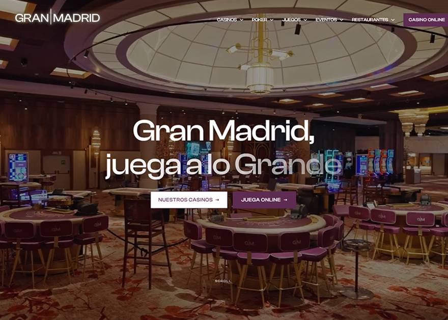 Portada de la nueva web de Gran Madrid con el lema «Juega a lo Grande» y accesos a casinos y juego online.
