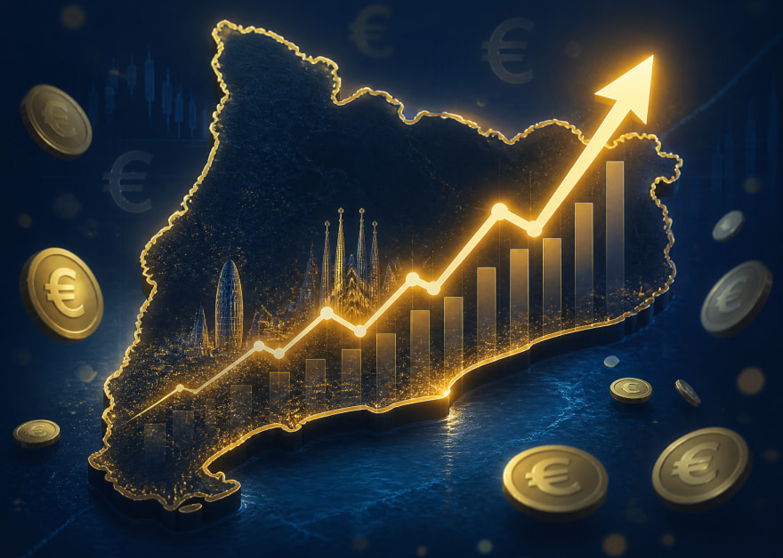 Mapa de Cataluña con una flecha ascendente y monedas de euro que ilustran el crecimiento del juego online