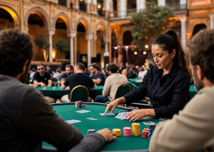 Crupier reparte cartas en una mesa de póker durante un torneo en vivo con jugadores y fichas