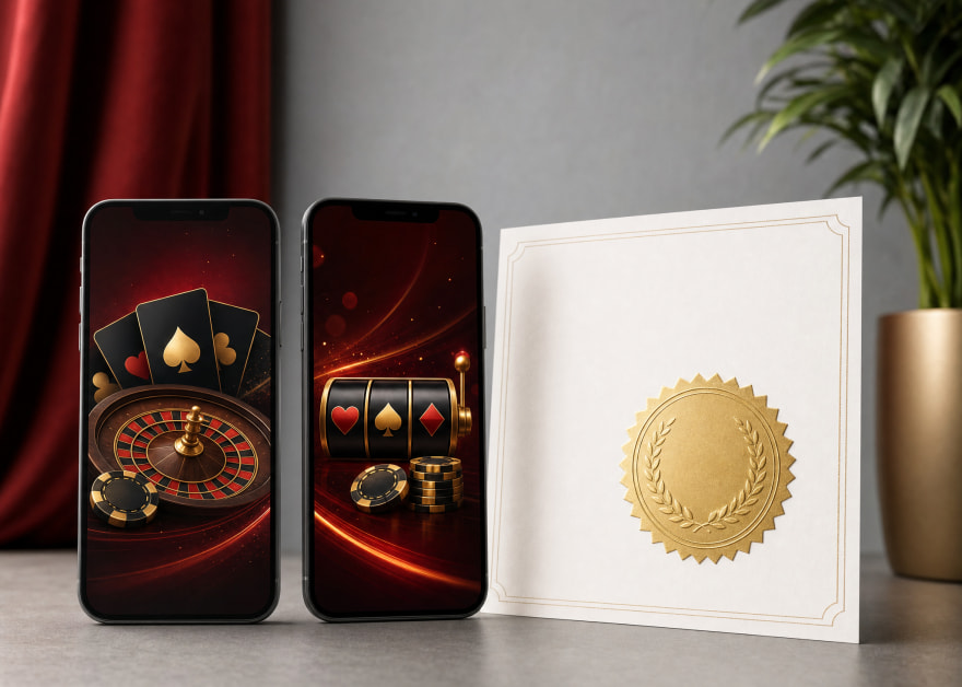Dos móviles con ruleta y tragaperras junto a un certificado con sello dorado