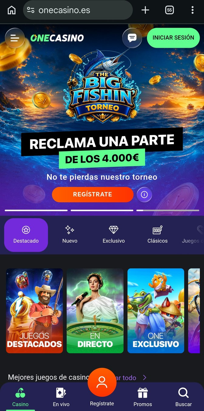 Portada de la web móvil de OneCasino con su torneo de tragaperras.