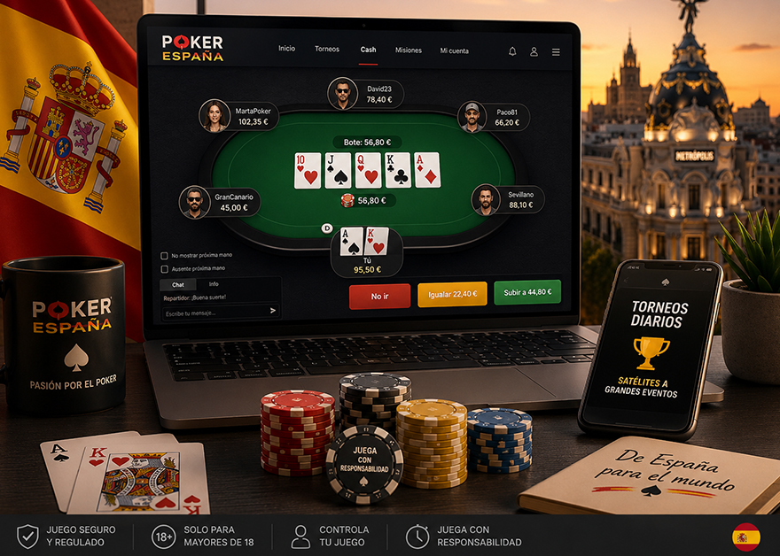 Mesa de póker online en un portátil junto a fichas, cartas y la bandera de España.