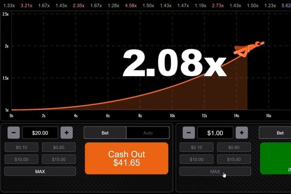 Ronda de FlyX con el multiplicador en 2,08x y el botón de cash out activo.