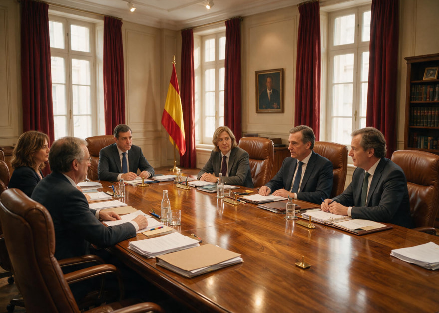 Reunión institucional en torno a una mesa con documentos y la bandera de España al fondo