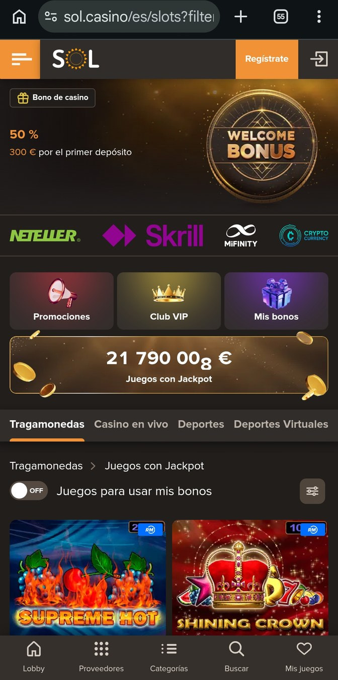 Tragaperras con jackpot en la web móvil de Solcasino, uno de los casinos nuevos.
