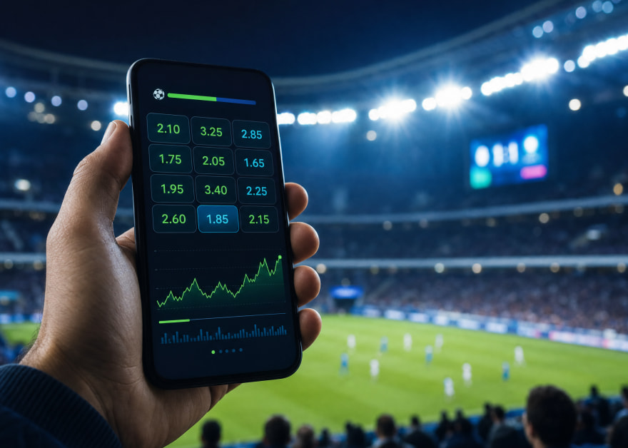 Móvil con cuotas de apuestas y gráficos en directo ante un estadio de fútbol iluminado