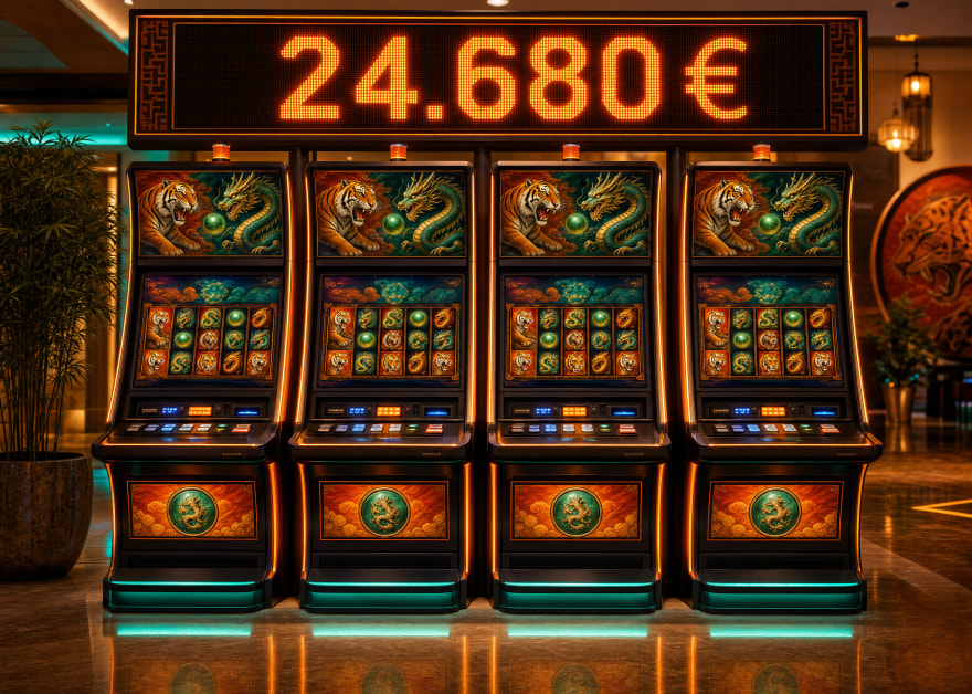 Cuatro máquinas multijuego con tigre y dragón bajo un marcador de bote progresivo de 24.680 €