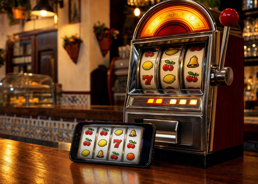 Máquina tragaperras clásica en la barra de un bar junto a un móvil con los mismos rodillos de frutas
