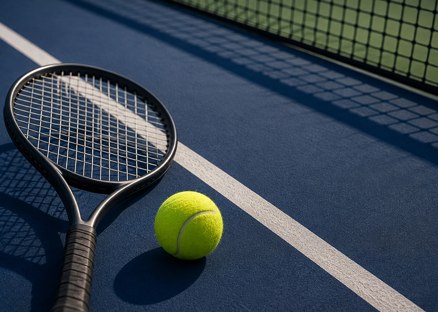 Raqueta y pelota de tenis sobre la pista dura azul de un torneo de Grand Slam
