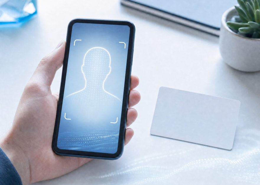 Móvil con un escaneo facial de verificación de identidad junto a un documento sobre una mesa