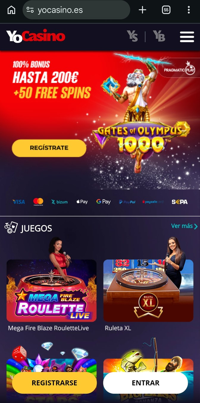 Bono de bienvenida y juegos en vivo en la web móvil de YoCasino.