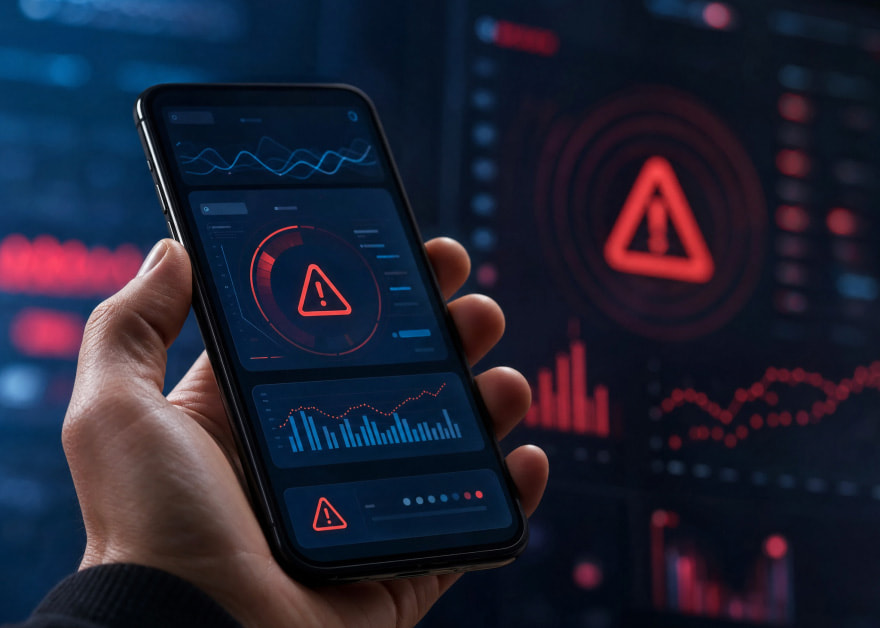 Mano sujeta un móvil con gráficos de actividad y una señal de alerta roja en pantalla